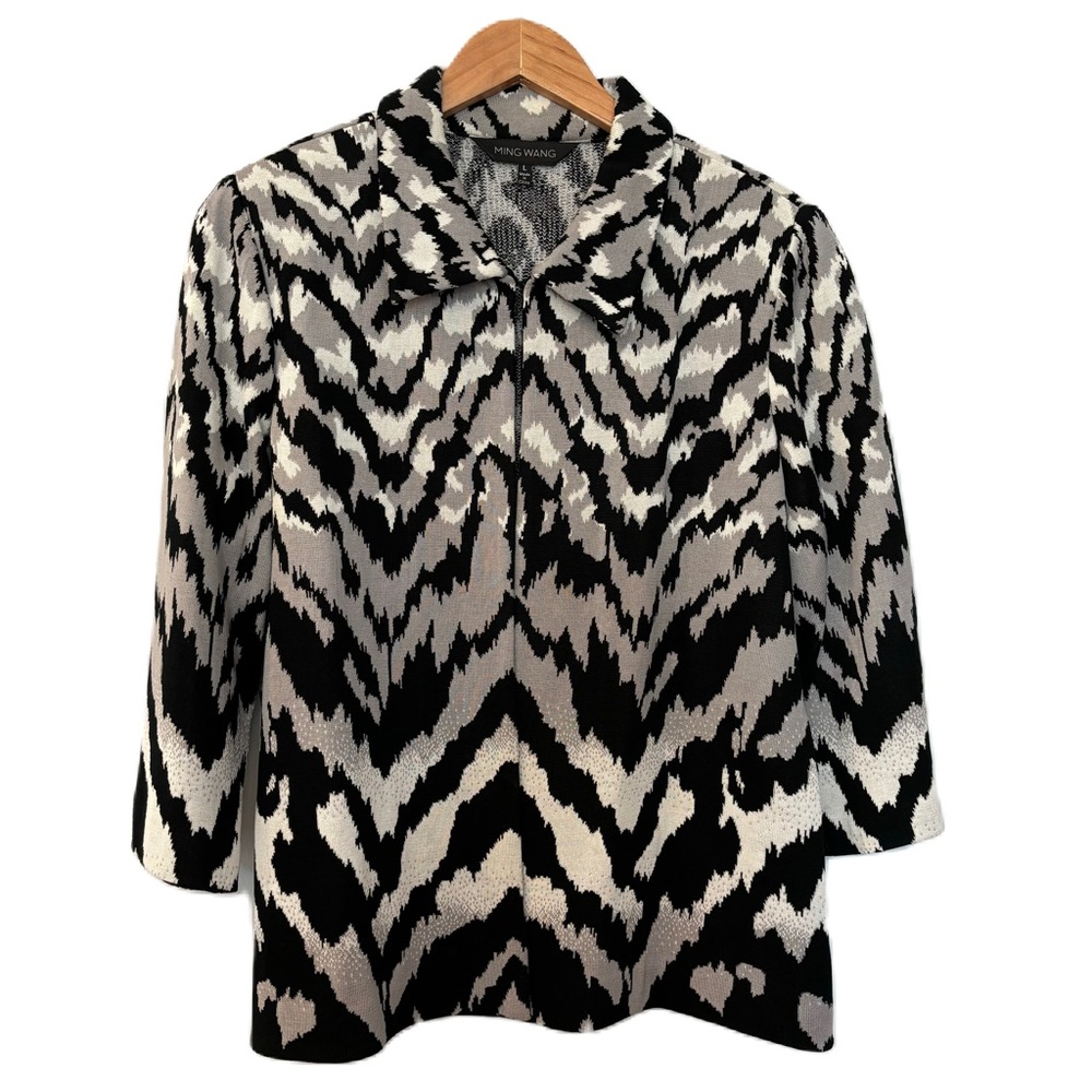 Ming Wang Open Front Zebra Print Knit Jacket Size Large